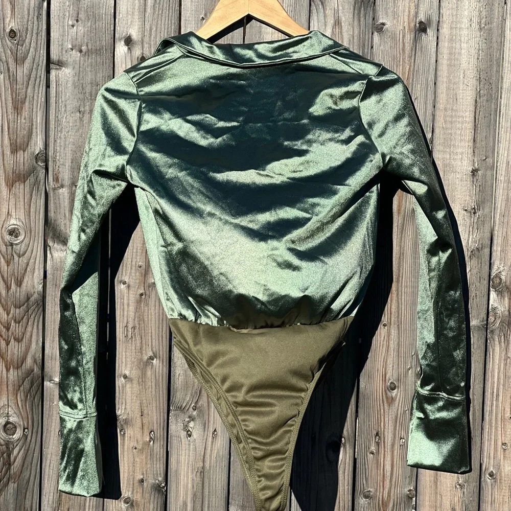 Good times USA Appeal Satin Wrap Bodysuit in Olive Green - Picture 11 of 11